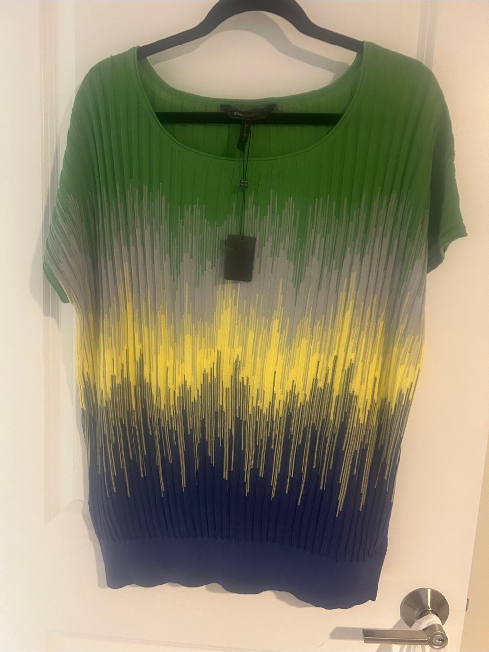 BCBG Green, Yellow, Gray and Navy Pleated Short-Sleeve Top
